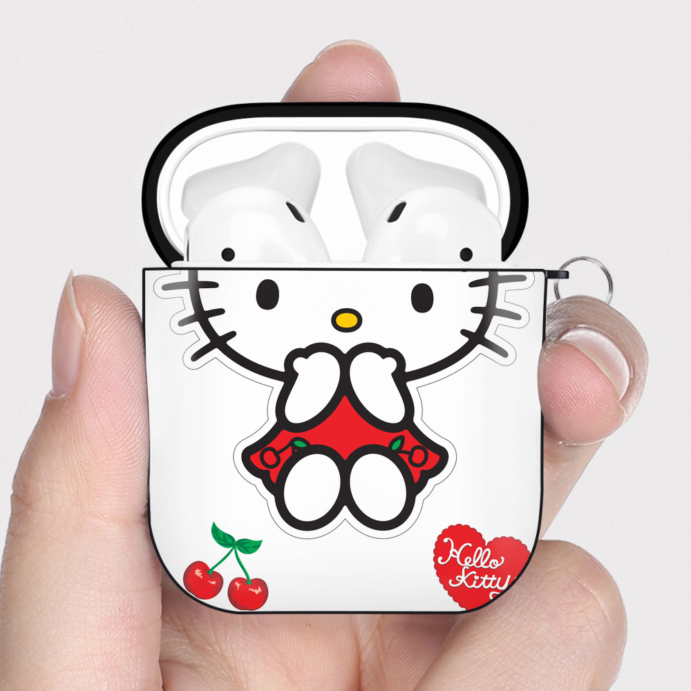 （画像用） Hello Kitty ハローキティ AirPods 第2世代保護ケース ハードシェル ブラック 耐衝撃・防指紋・カラビナ付き