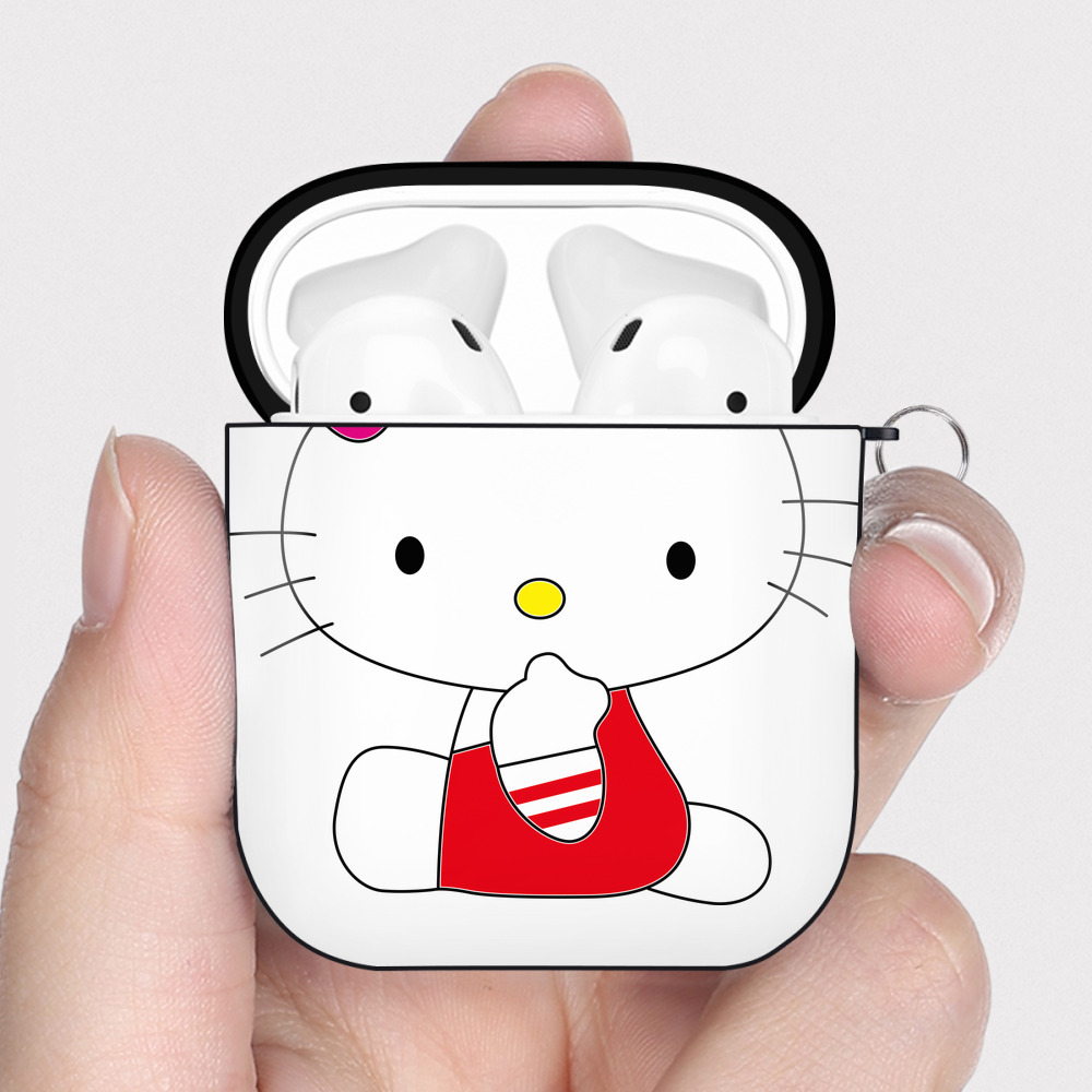 （画像用） Hello Kitty ハローキティ AirPods 第2世代保護ケース ハードシェル ブラック 耐衝撃・防指紋・カラビナ付き