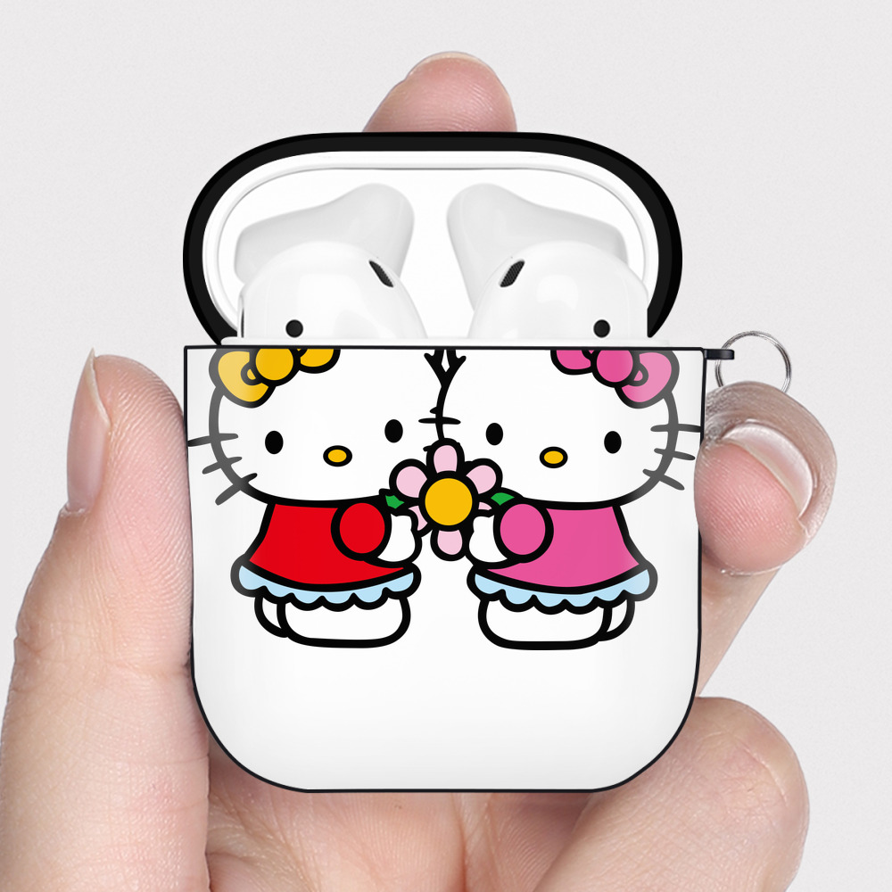 （画像用） Hello Kitty ハローキティ AirPods 第2世代保護ケース ハードシェル ブラック 耐衝撃・防指紋・カラビナ付き