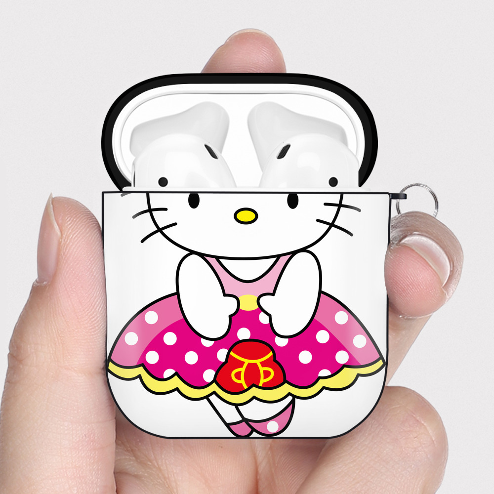 （画像用） Hello Kitty ハローキティ AirPods 第2世代保護ケース ハードシェル ブラック 耐衝撃・防指紋・カラビナ付き