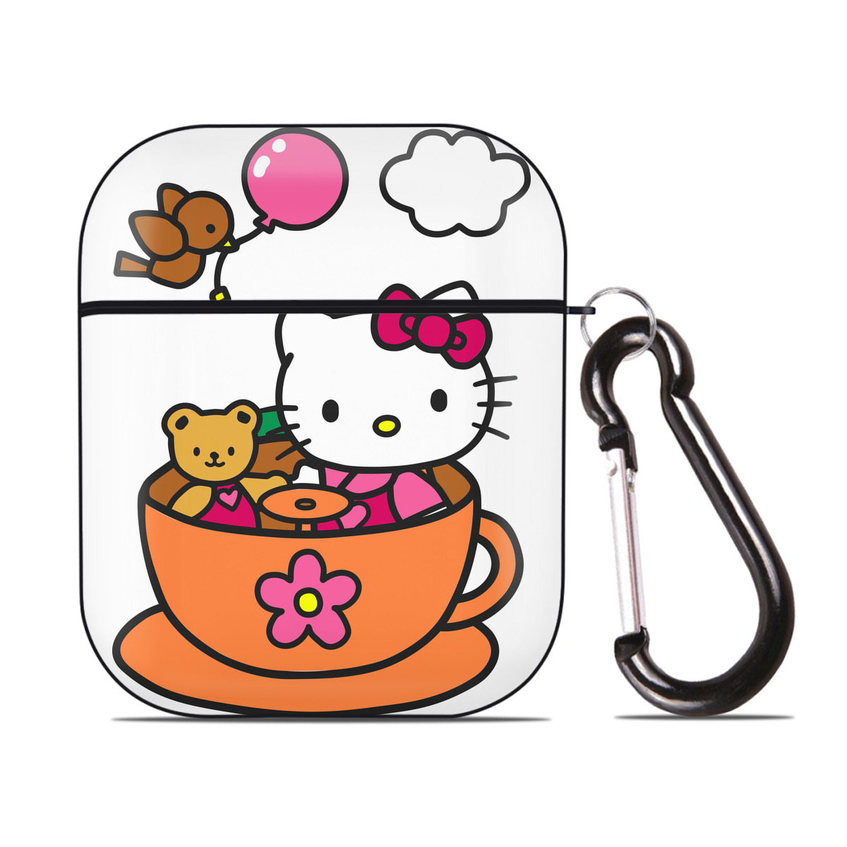 （画像用） Hello Kitty ハローキティ AirPods 第2世代保護ケース ハードシェル ブラック 耐衝撃・防指紋・カラビナ付き