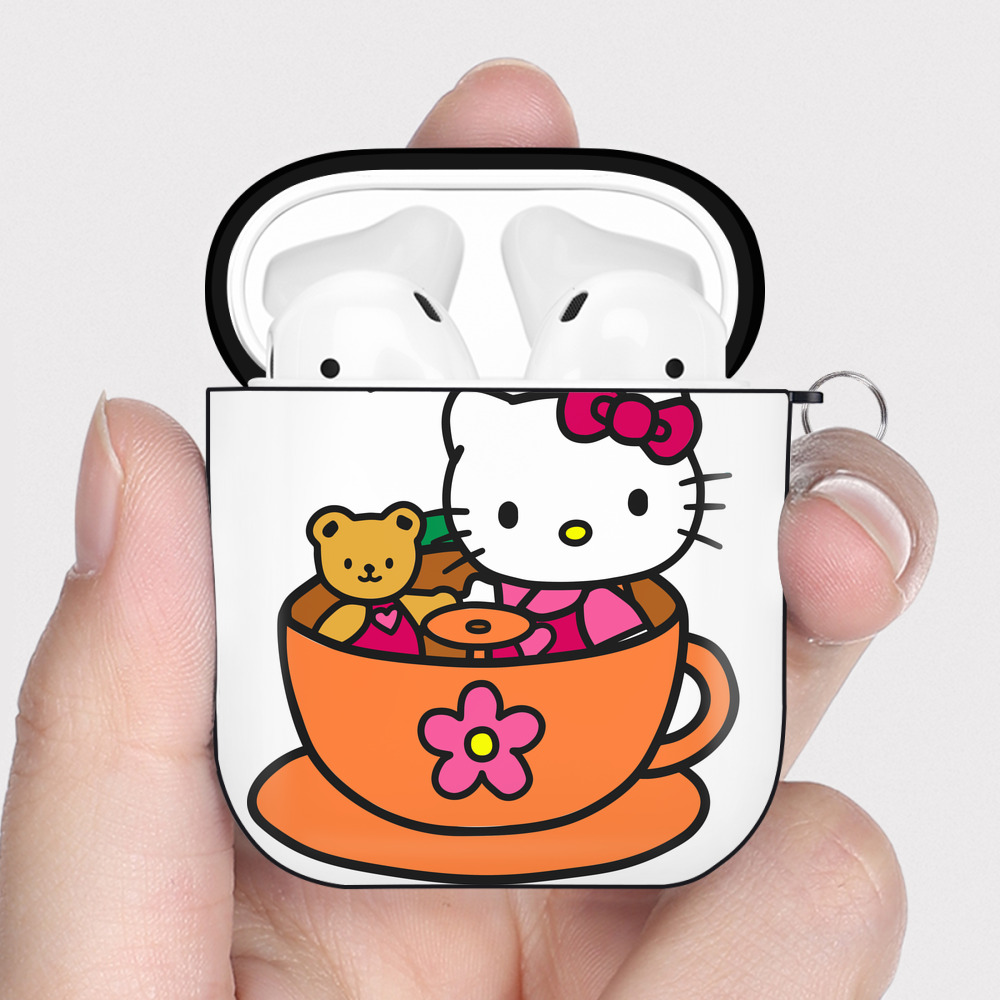 （画像用） Hello Kitty ハローキティ AirPods 第2世代保護ケース ハードシェル ブラック 耐衝撃・防指紋・カラビナ付き