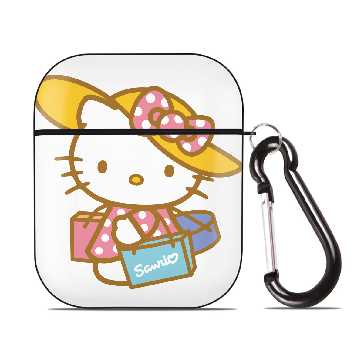 （画像用） Hello Kitty ハローキティ AirPods 第2世代保護ケース ハードシェル ブラック 耐衝撃・防指紋・カラビナ付き