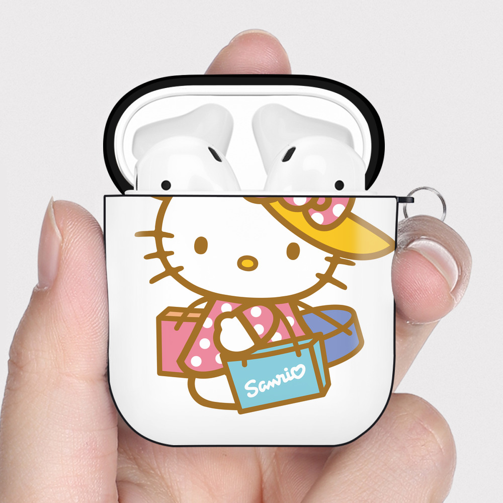 （画像用） Hello Kitty ハローキティ AirPods 第2世代保護ケース ハードシェル ブラック 耐衝撃・防指紋・カラビナ付き