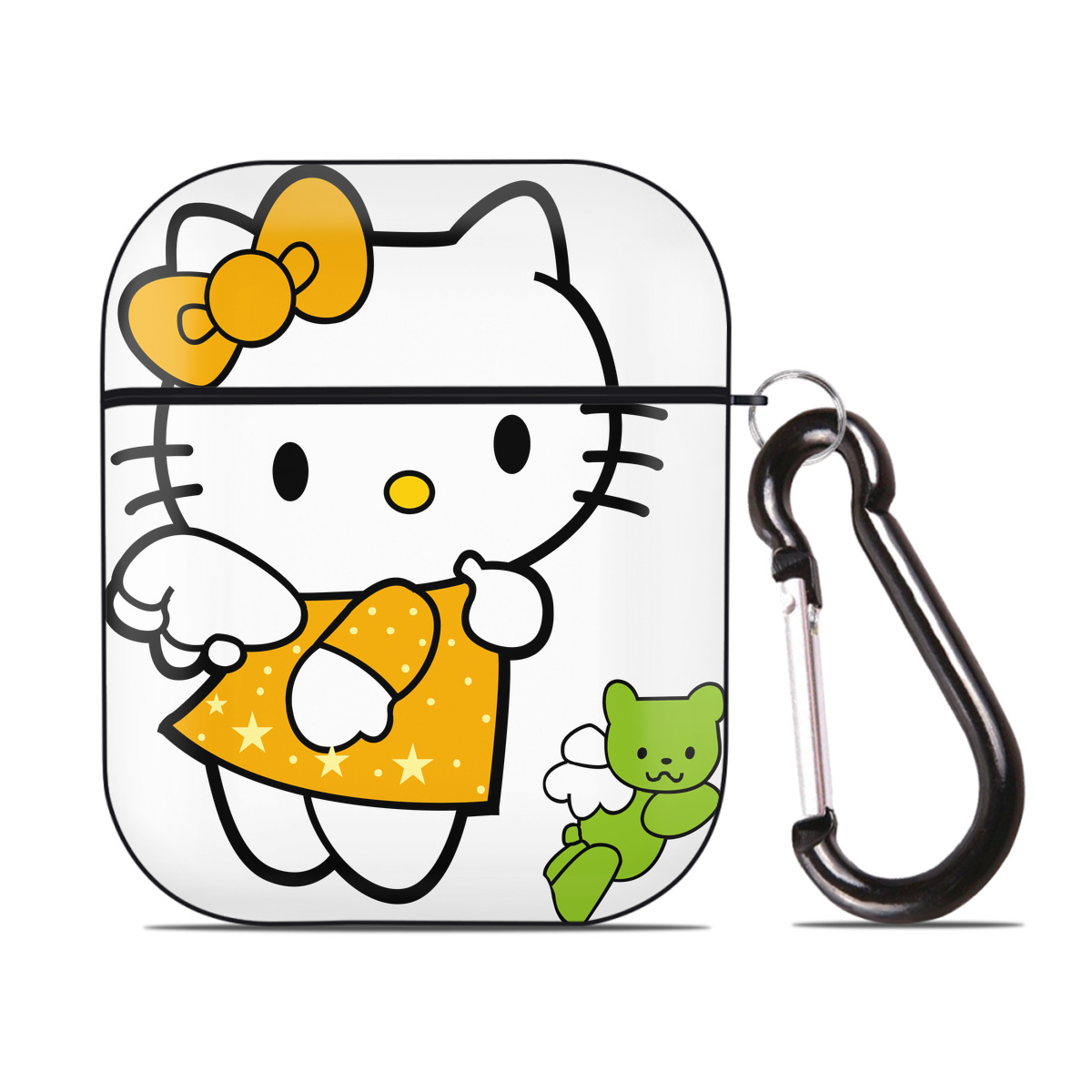 （画像用） Hello Kitty ハローキティ AirPods 第2世代保護ケース ハードシェル ブラック 耐衝撃・防指紋・カラビナ付き