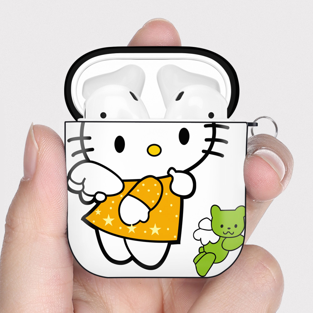（画像用） Hello Kitty ハローキティ AirPods 第2世代保護ケース ハードシェル ブラック 耐衝撃・防指紋・カラビナ付き