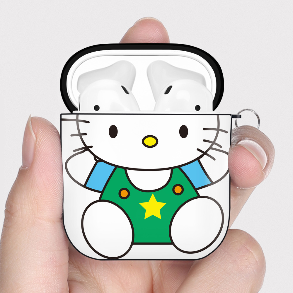 （画像用） Hello Kitty ハローキティ AirPods 第2世代保護ケース ハードシェル ブラック 耐衝撃・防指紋・カラビナ付き