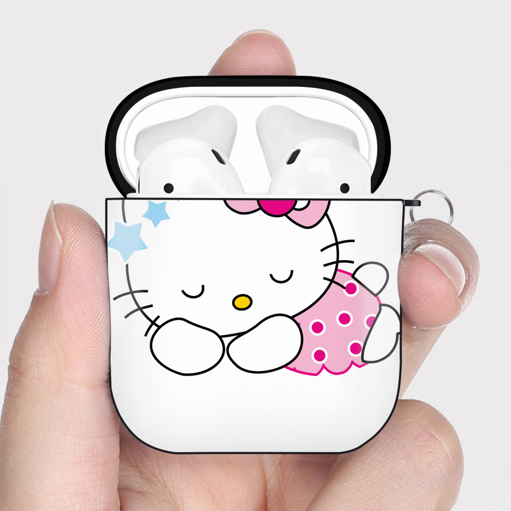 （画像用） Hello Kitty ハローキティ AirPods 第2世代保護ケース ハードシェル ブラック 耐衝撃・防指紋・カラビナ付き