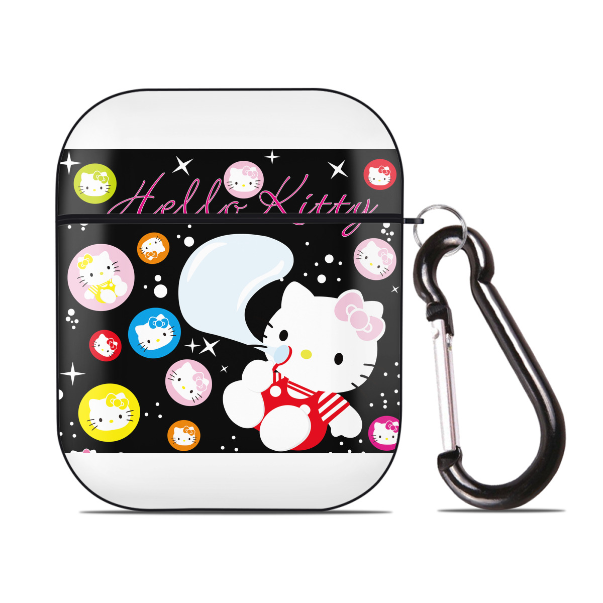 （画像用） Hello Kitty ハローキティ AirPods 第2世代保護ケース ハードシェル ブラック 耐衝撃・防指紋・カラビナ付き