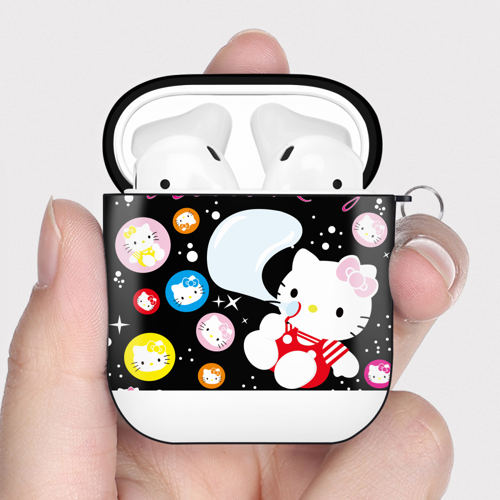 （画像用） Hello Kitty ハローキティ AirPods 第2世代保護ケース ハードシェル ブラック 耐衝撃・防指紋・カラビナ付き
