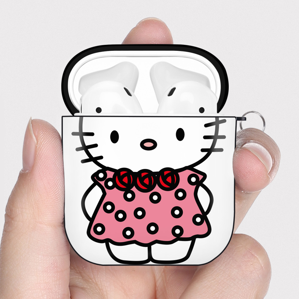 （画像用） Hello Kitty ハローキティ AirPods 第2世代保護ケース ハードシェル ブラック 耐衝撃・防指紋・カラビナ付き