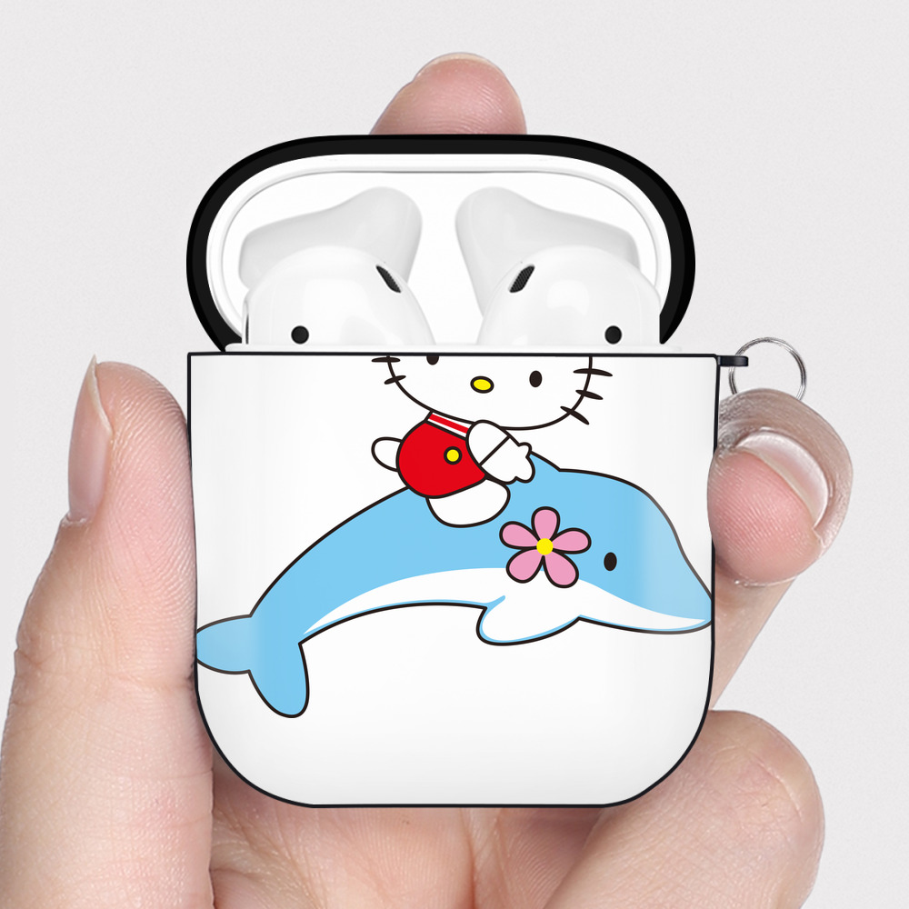 （画像用） Hello Kitty ハローキティ AirPods 第2世代保護ケース ハードシェル ブラック 耐衝撃・防指紋・カラビナ付き