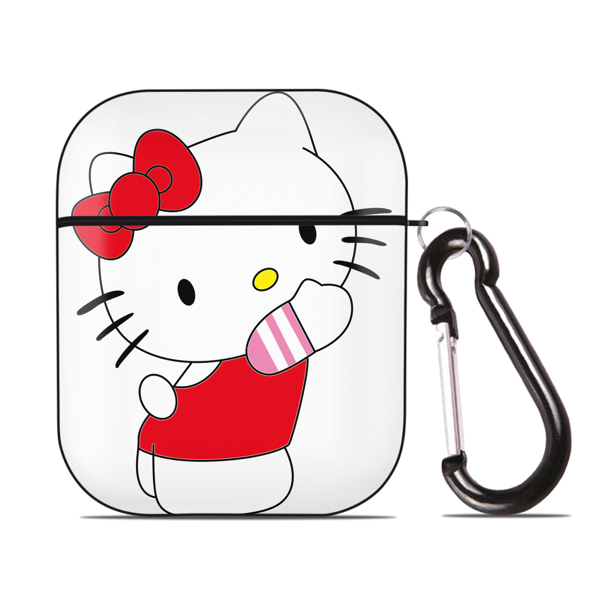 （画像用） Hello Kitty ハローキティ AirPods 第2世代保護ケース ハードシェル ブラック 耐衝撃・防指紋・カラビナ付き