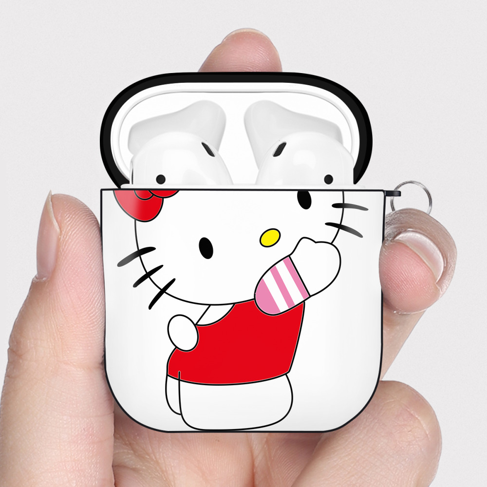 （画像用） Hello Kitty ハローキティ AirPods 第2世代保護ケース ハードシェル ブラック 耐衝撃・防指紋・カラビナ付き