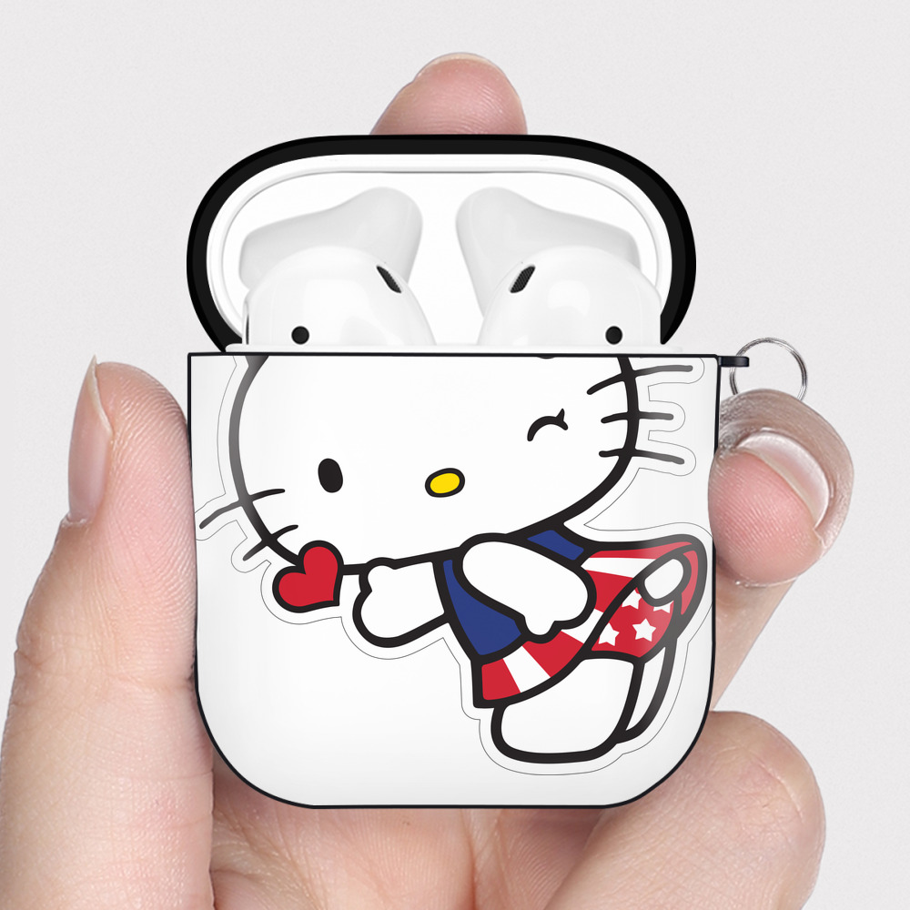 （画像用） Hello Kitty ハローキティ AirPods 第2世代保護ケース ハードシェル ブラック 耐衝撃・防指紋・カラビナ付き
