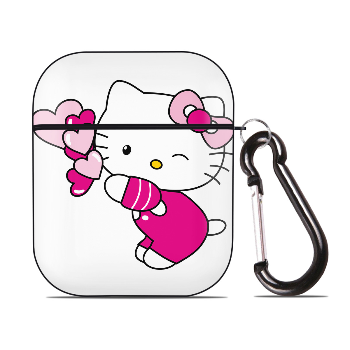 （画像用） Hello Kitty ハローキティ AirPods 第2世代保護ケース ハードシェル ブラック 耐衝撃・防指紋・カラビナ付き