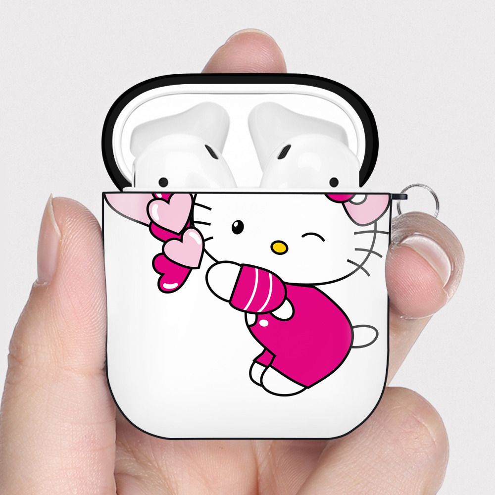 （画像用） Hello Kitty ハローキティ AirPods 第2世代保護ケース ハードシェル ブラック 耐衝撃・防指紋・カラビナ付き