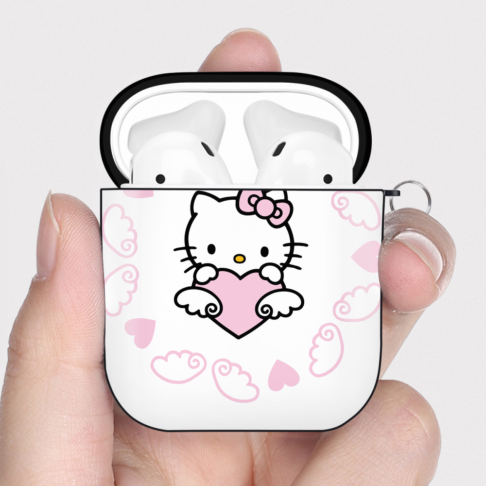 （画像用） Hello Kitty ハローキティ AirPods 第2世代保護ケース ハードシェル ブラック 耐衝撃・防指紋・カラビナ付き