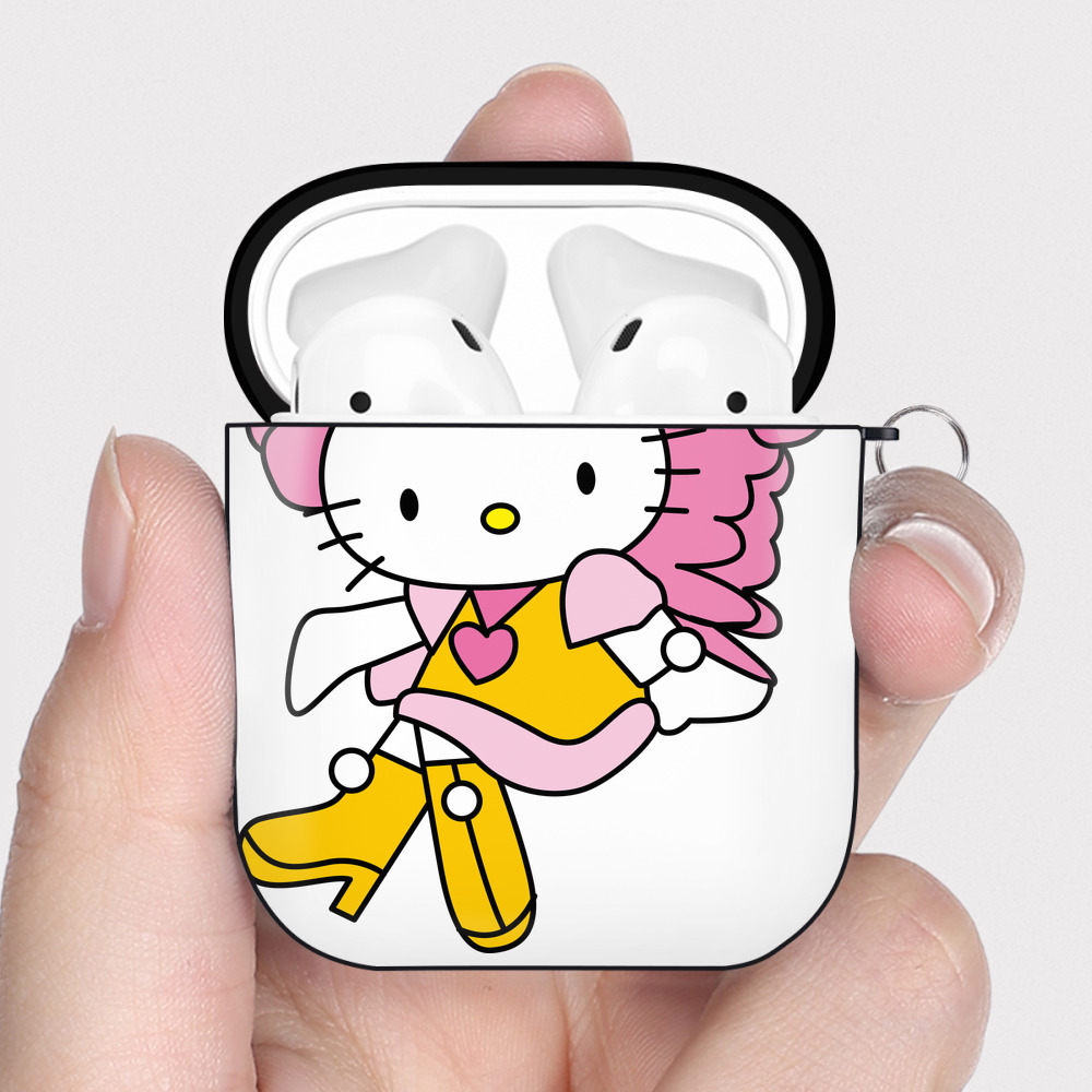 （画像用） Hello Kitty ハローキティ AirPods 第2世代保護ケース ハードシェル ブラック 耐衝撃・防指紋・カラビナ付き