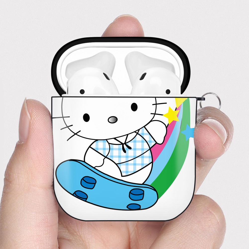 （画像用） Hello Kitty ハローキティ AirPods 第2世代保護ケース ハードシェル ブラック 耐衝撃・防指紋・カラビナ付き