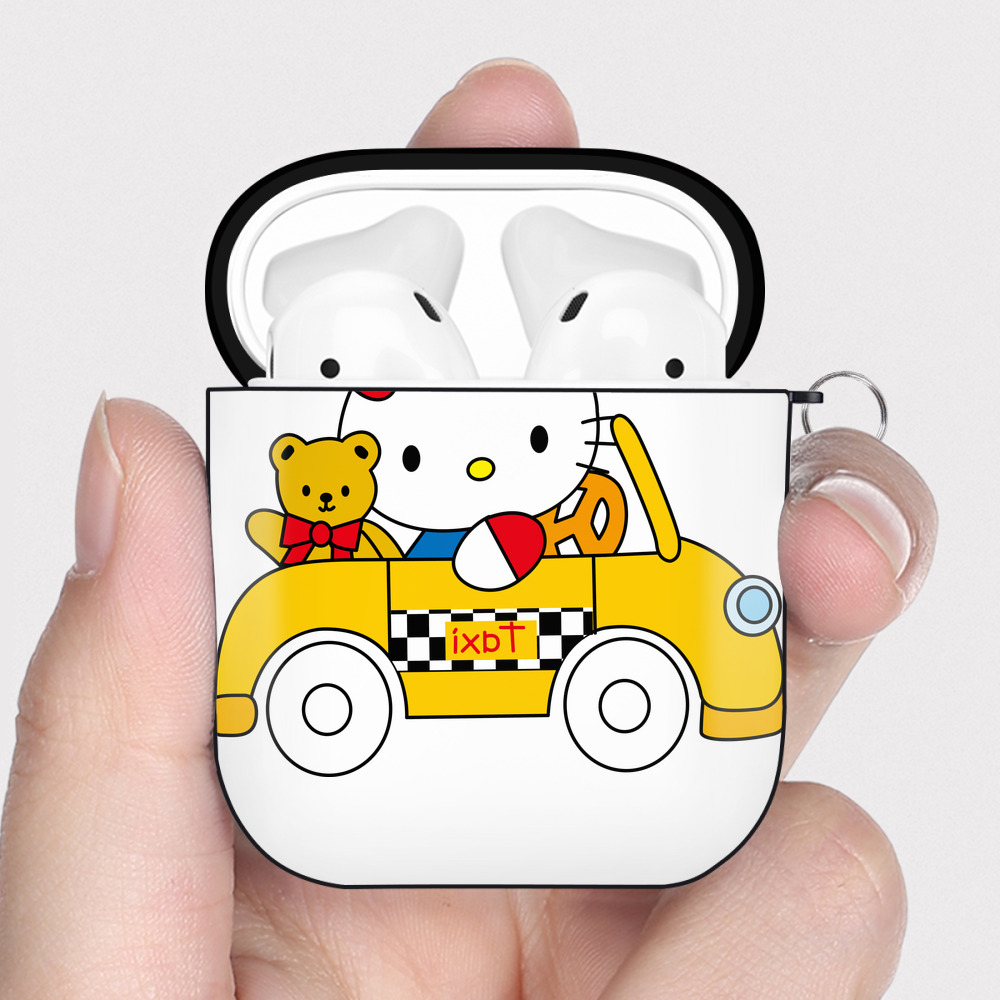 （画像用） Hello Kitty ハローキティ AirPods 第2世代保護ケース ハードシェル ブラック 耐衝撃・防指紋・カラビナ付き