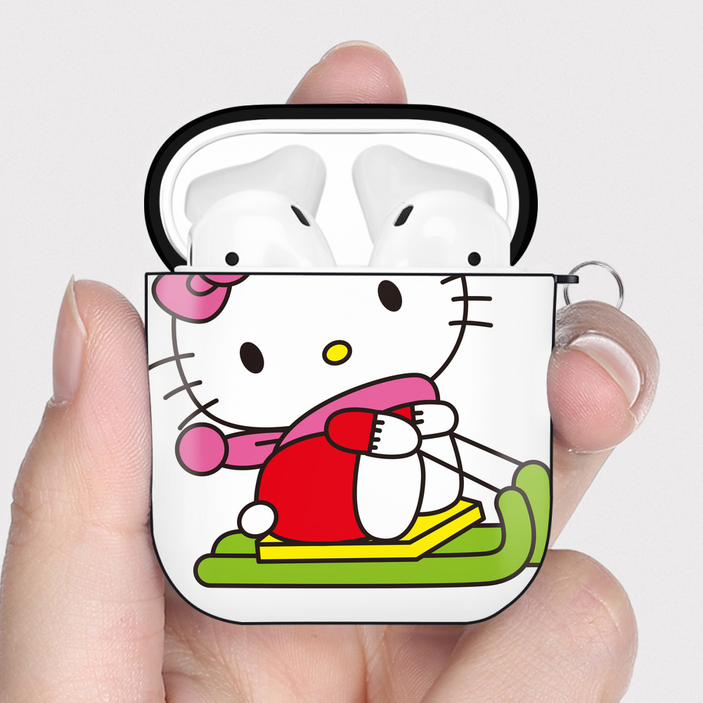 （画像用） Hello Kitty ハローキティ AirPods 第2世代保護ケース ハードシェル ブラック 耐衝撃・防指紋・カラビナ付き