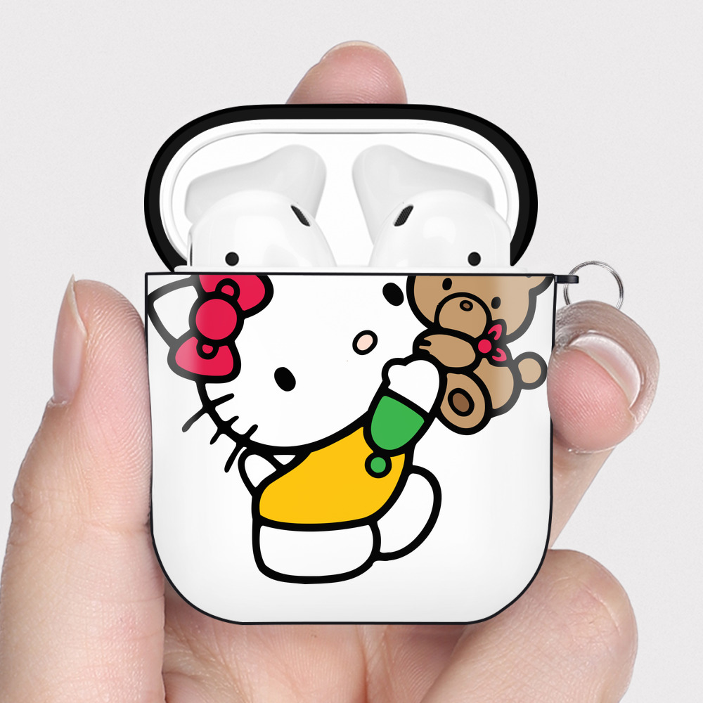 （画像用） Hello Kitty ハローキティ AirPods 第2世代保護ケース ハードシェル ブラック 耐衝撃・防指紋・カラビナ付き