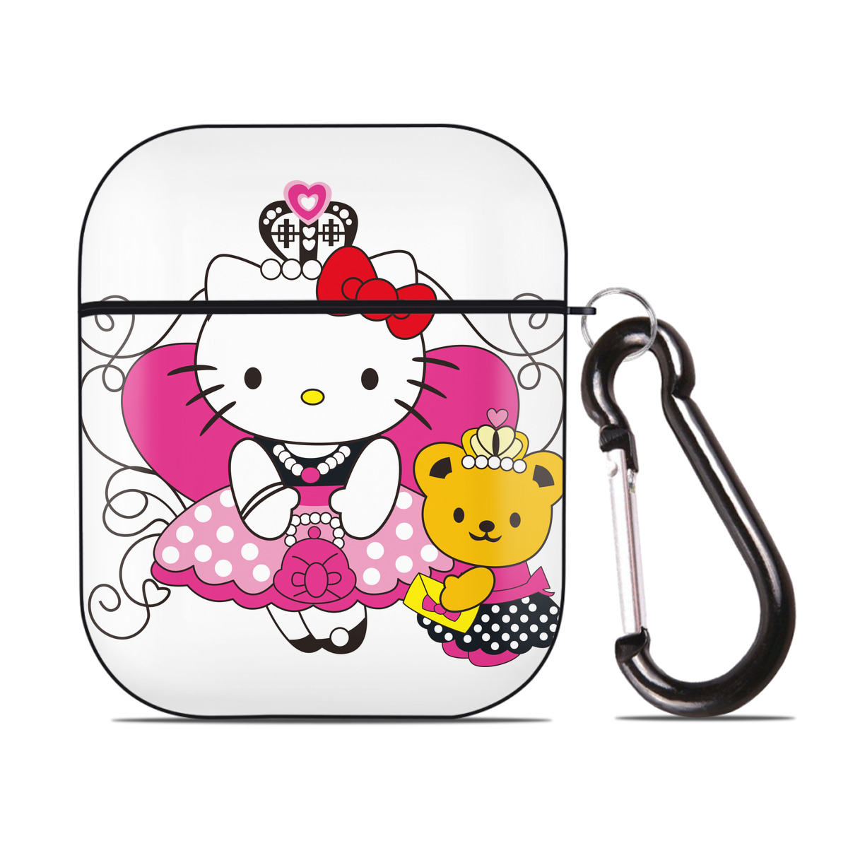（画像用） Hello Kitty ハローキティ AirPods 第2世代保護ケース ハードシェル ブラック 耐衝撃・防指紋・カラビナ付き