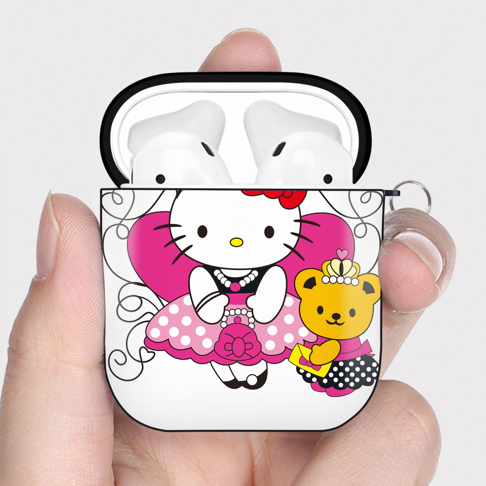 （画像用） Hello Kitty ハローキティ AirPods 第2世代保護ケース ハードシェル ブラック 耐衝撃・防指紋・カラビナ付き