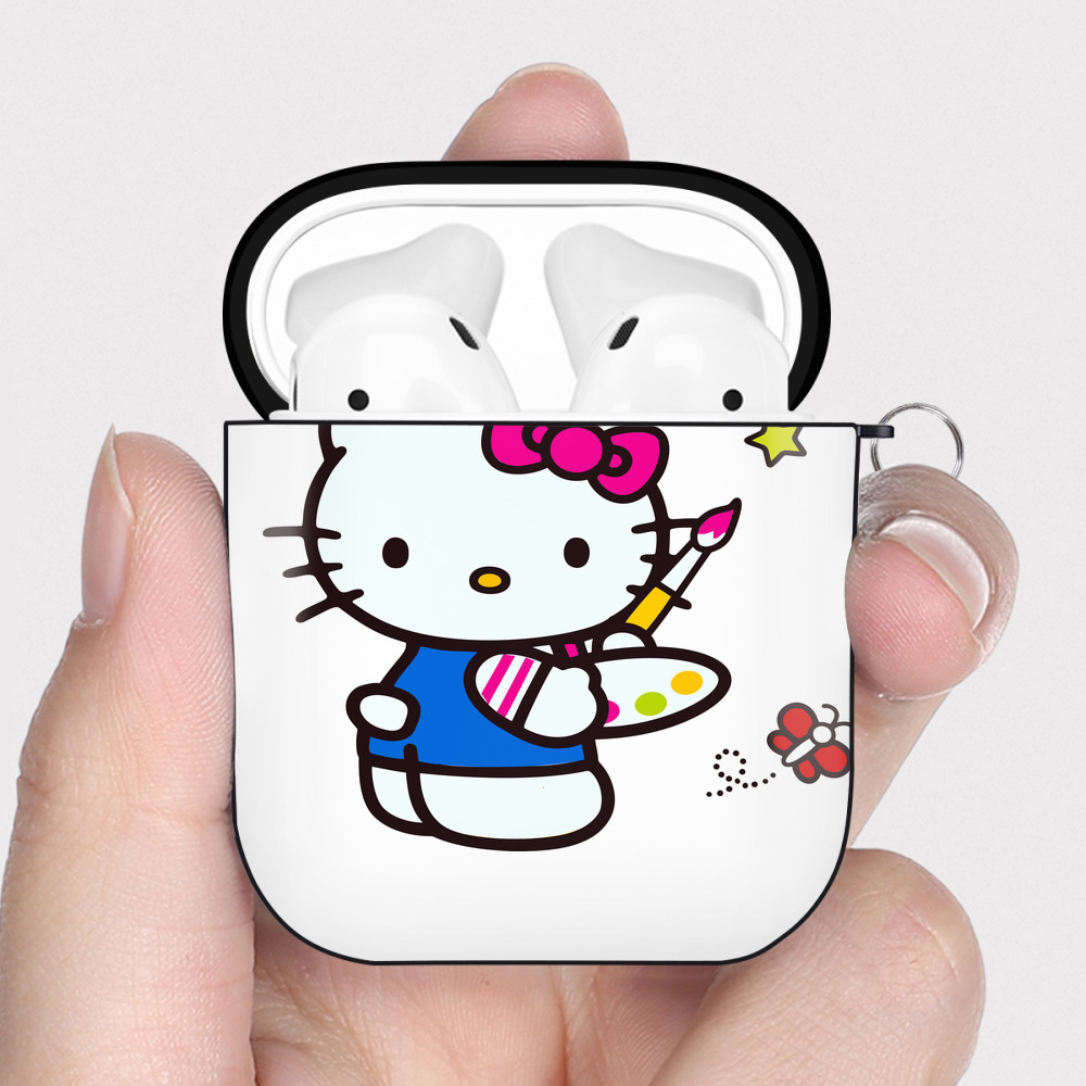 （画像用） Hello Kitty ハローキティ AirPods 第2世代保護ケース ハードシェル ブラック 耐衝撃・防指紋・カラビナ付き