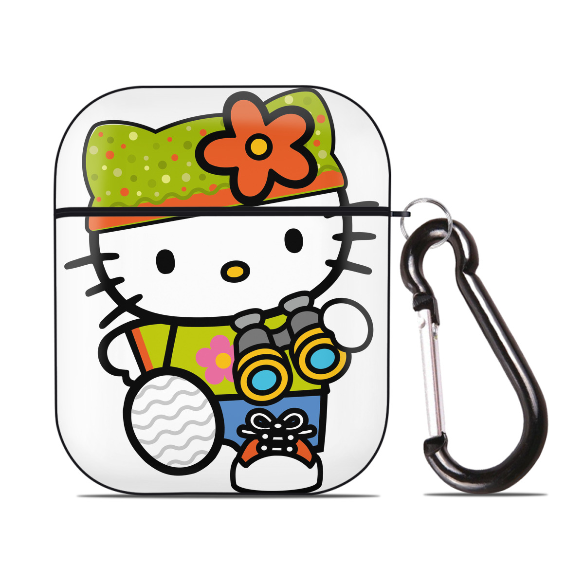 （画像用） Hello Kitty ハローキティ AirPods 第2世代保護ケース ハードシェル ブラック 耐衝撃・防指紋・カラビナ付き