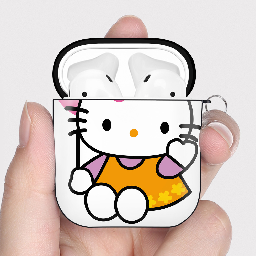 （画像用） Hello Kitty ハローキティ AirPods 第2世代保護ケース ハードシェル ブラック 耐衝撃・防指紋・カラビナ付き
