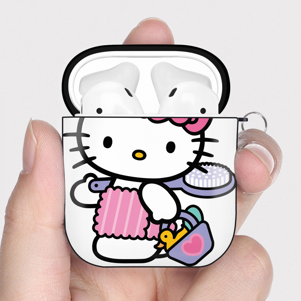 （画像用） Hello Kitty ハローキティ AirPods 第2世代保護ケース ハードシェル ブラック 耐衝撃・防指紋・カラビナ付き