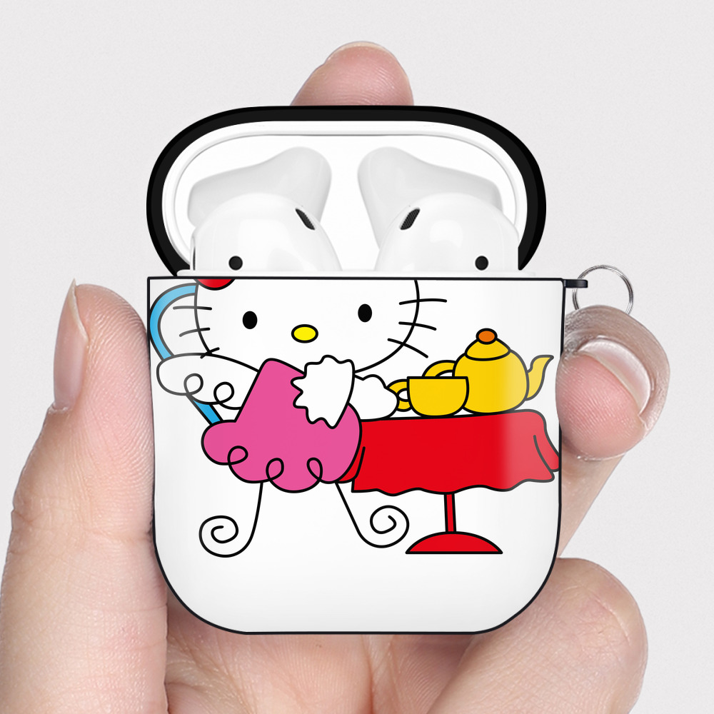 （画像用） Hello Kitty ハローキティ AirPods 第2世代保護ケース ハードシェル ブラック 耐衝撃・防指紋・カラビナ付き