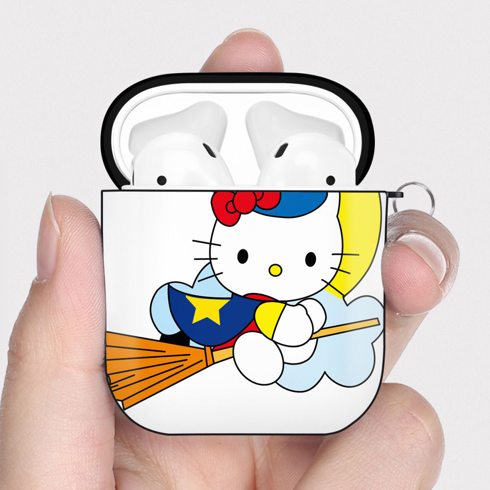 （画像用） Hello Kitty ハローキティ AirPods 第2世代保護ケース ハードシェル ブラック 耐衝撃・防指紋・カラビナ付き