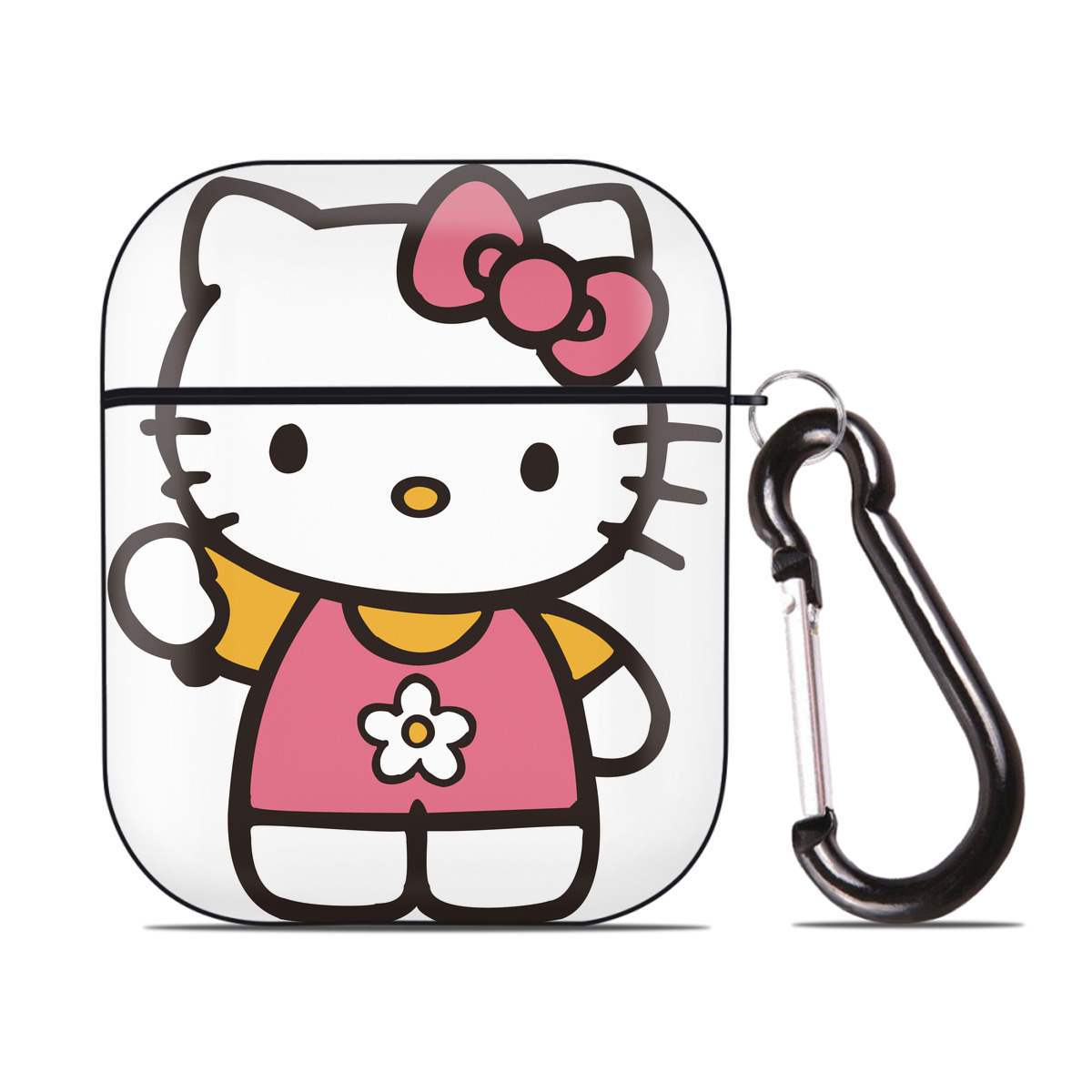 （画像用） Hello Kitty ハローキティ AirPods 第2世代保護ケース ハードシェル ブラック 耐衝撃・防指紋・カラビナ付き
