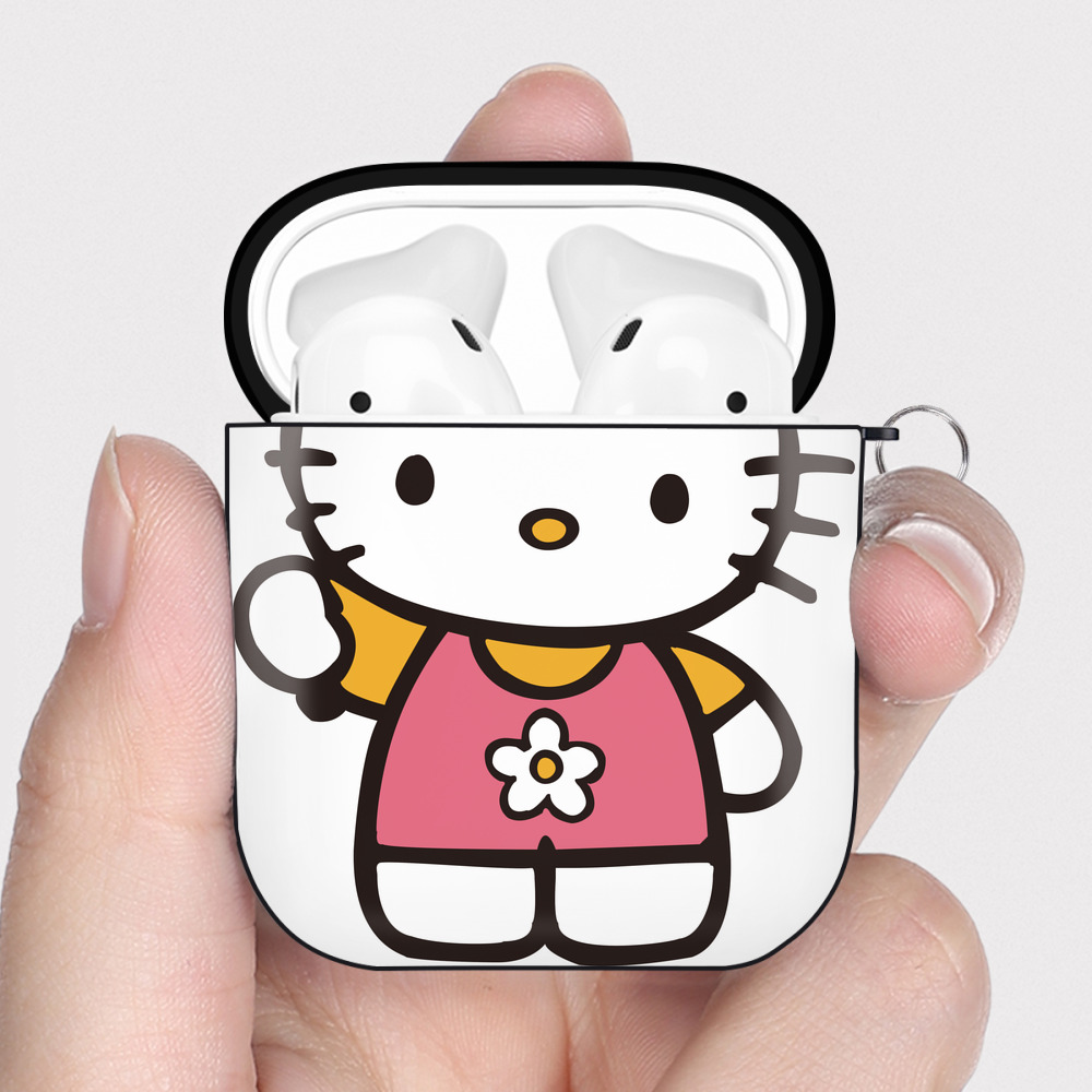 （画像用） Hello Kitty ハローキティ AirPods 第2世代保護ケース ハードシェル ブラック 耐衝撃・防指紋・カラビナ付き