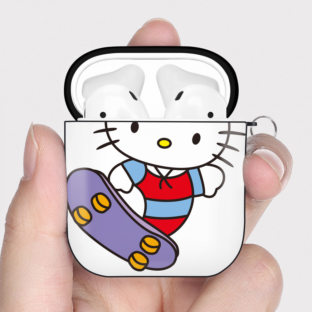 （画像用） Hello Kitty ハローキティ AirPods 第2世代保護ケース ハードシェル ブラック 耐衝撃・防指紋・カラビナ付き