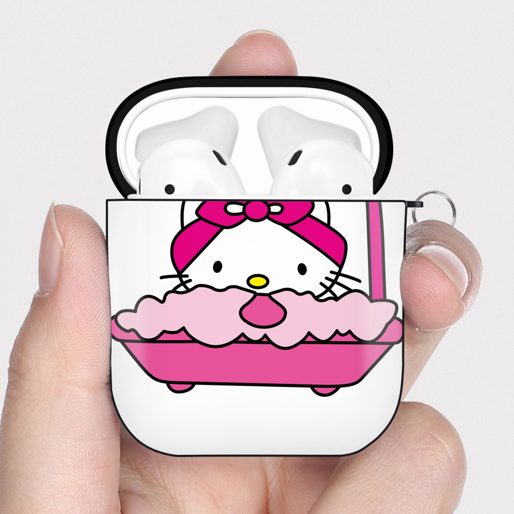（画像用） Hello Kitty ハローキティ AirPods 第2世代保護ケース ハードシェル ブラック 耐衝撃・防指紋・カラビナ付き