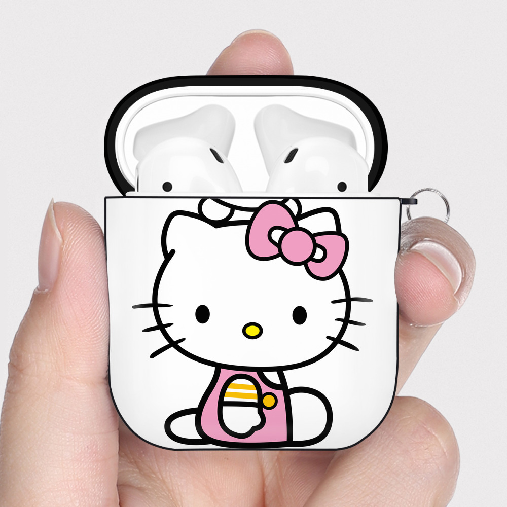 （画像用） Hello Kitty ハローキティ AirPods 第2世代保護ケース ハードシェル ブラック 耐衝撃・防指紋・カラビナ付き