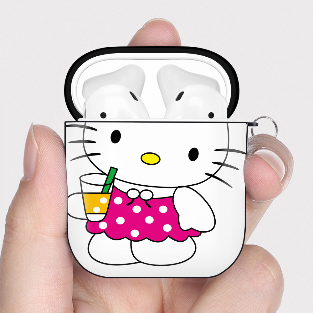 （画像用） Hello Kitty ハローキティ AirPods 第2世代保護ケース ハードシェル ブラック 耐衝撃・防指紋・カラビナ付き