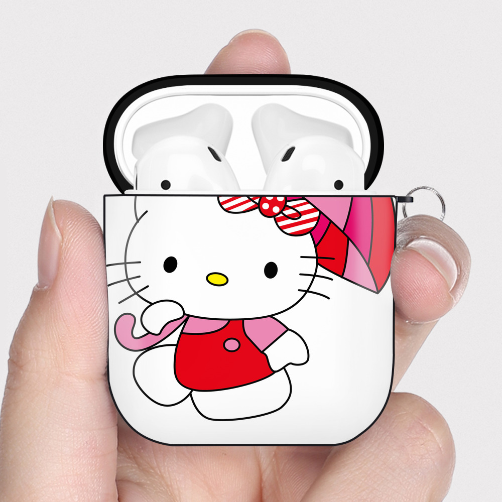 （画像用） Hello Kitty ハローキティ AirPods 第2世代保護ケース ハードシェル ブラック 耐衝撃・防指紋・カラビナ付き