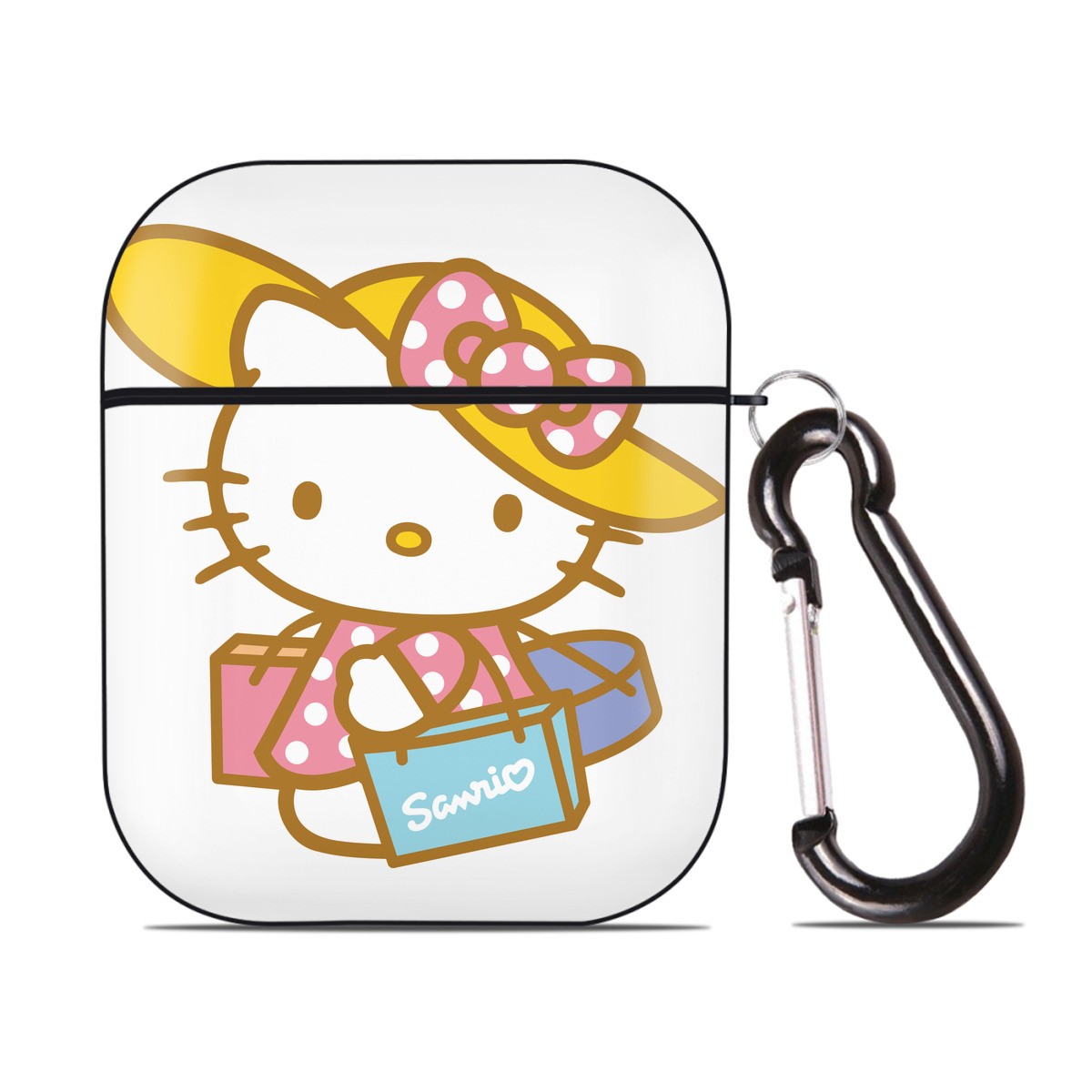 （画像用） Hello Kitty ハローキティ AirPods 第2世代保護ケース ハードシェル ブラック 耐衝撃・防指紋・カラビナ付き