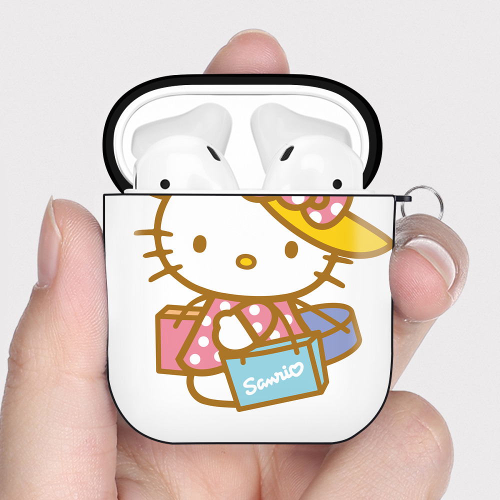 （画像用） Hello Kitty ハローキティ AirPods 第2世代保護ケース ハードシェル ブラック 耐衝撃・防指紋・カラビナ付き