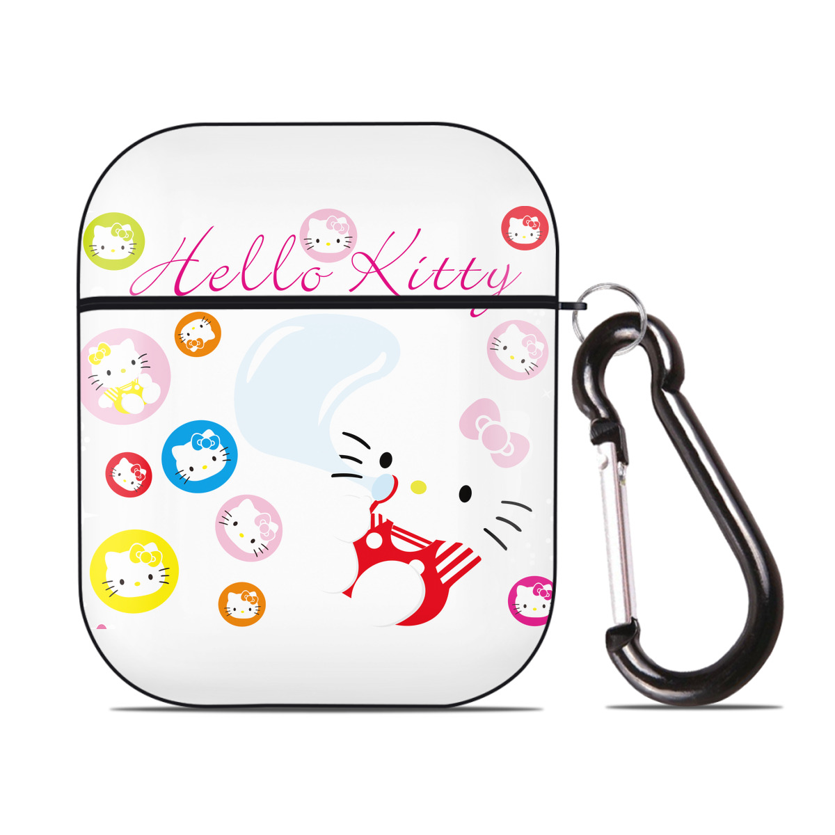 （画像用） Hello Kitty ハローキティ AirPods 第2世代保護ケース ハードシェル ブラック 耐衝撃・防指紋・カラビナ付き