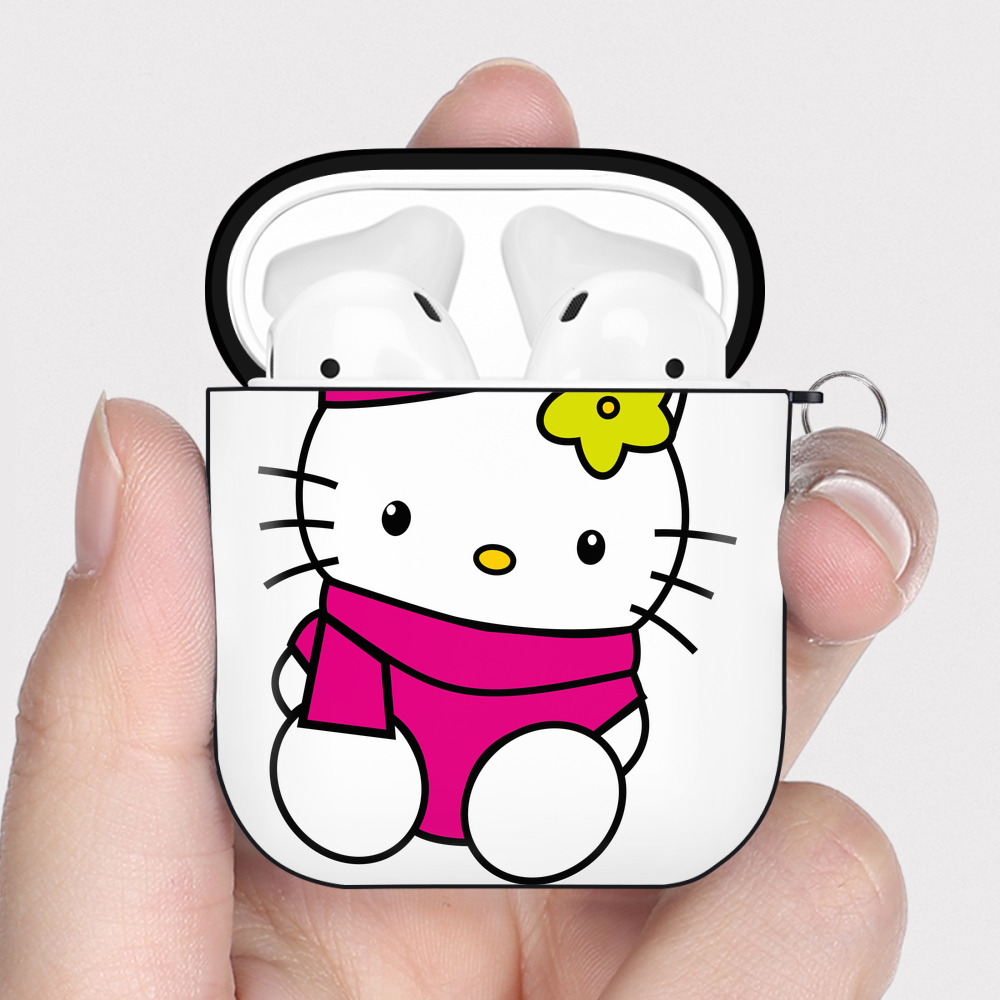 （画像用） Hello Kitty ハローキティ AirPods 第2世代保護ケース ハードシェル ブラック 耐衝撃・防指紋・カラビナ付き