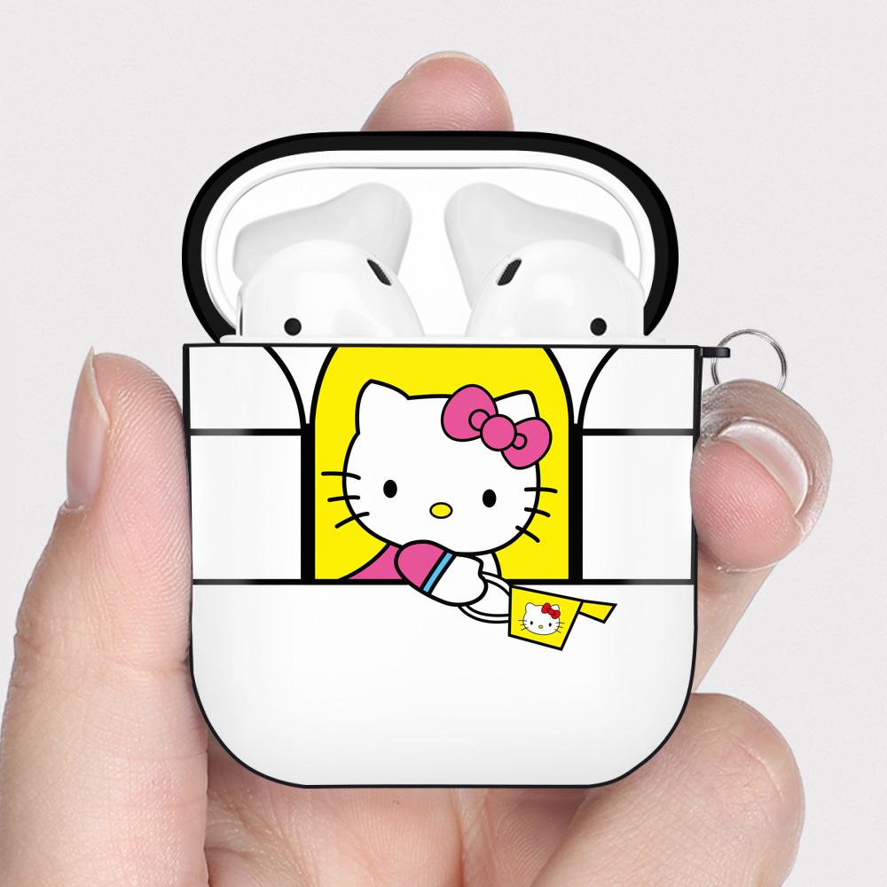 （画像用） Hello Kitty ハローキティ AirPods 第2世代保護ケース ハードシェル ブラック 耐衝撃・防指紋・カラビナ付き