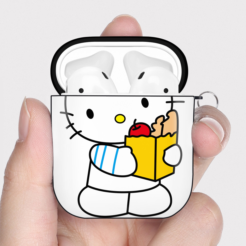 （画像用） Hello Kitty ハローキティ AirPods 第2世代保護ケース ハードシェル ブラック 耐衝撃・防指紋・カラビナ付き