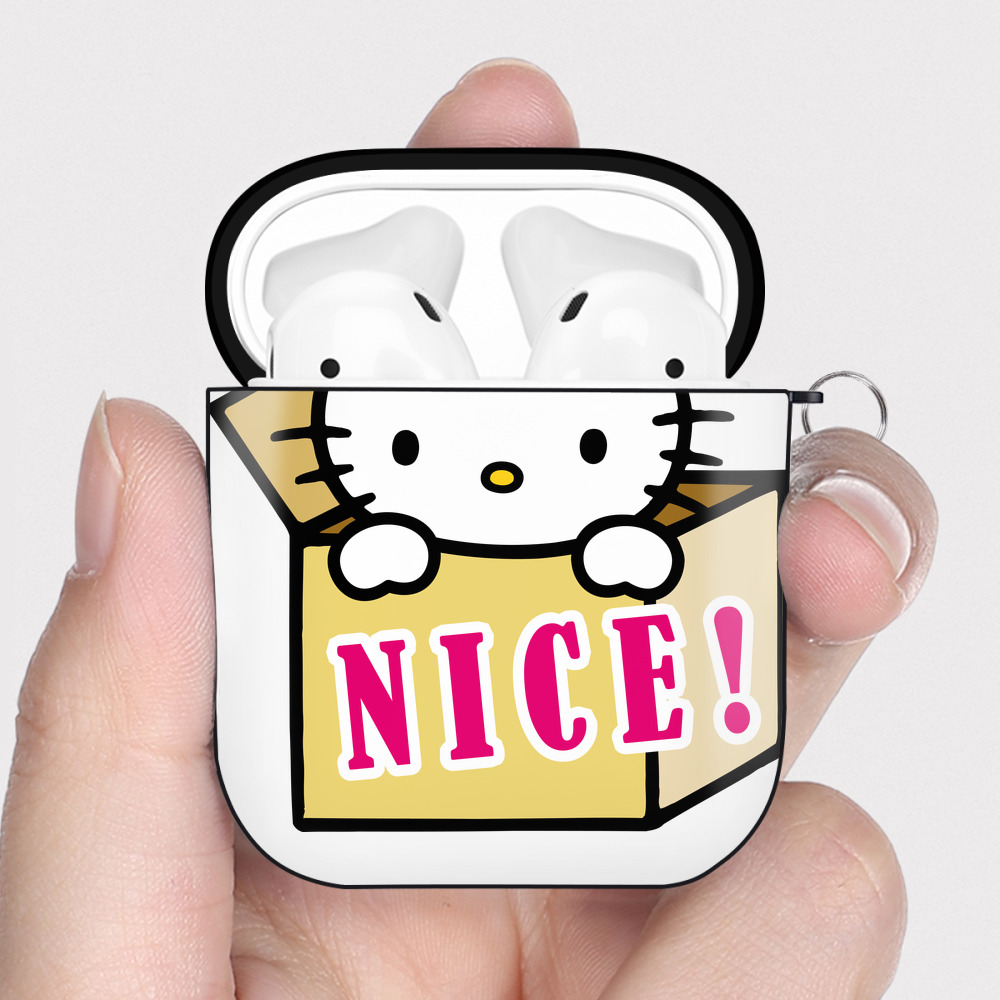 （画像用） Hello Kitty ハローキティ AirPods 第2世代保護ケース ハードシェル ブラック 耐衝撃・防指紋・カラビナ付き