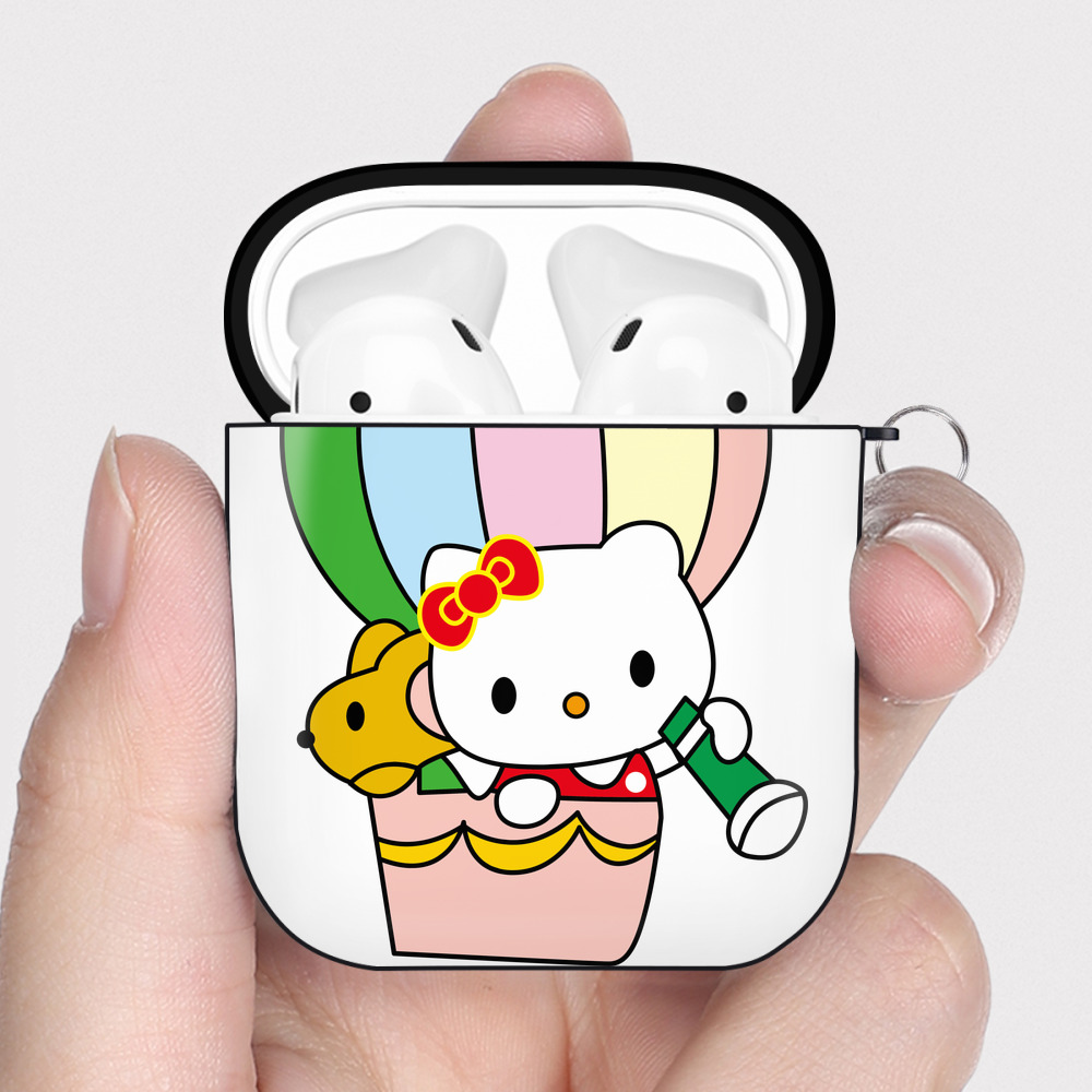 （画像用） Hello Kitty ハローキティ AirPods 第2世代保護ケース ハードシェル ブラック 耐衝撃・防指紋・カラビナ付き